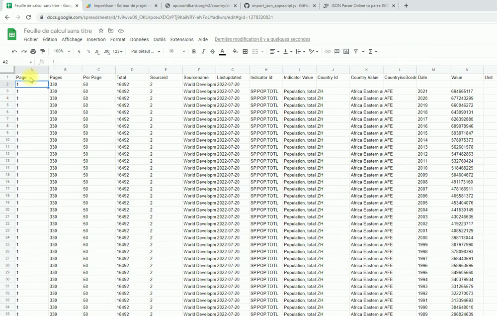 Import JSON dans Google Sheets