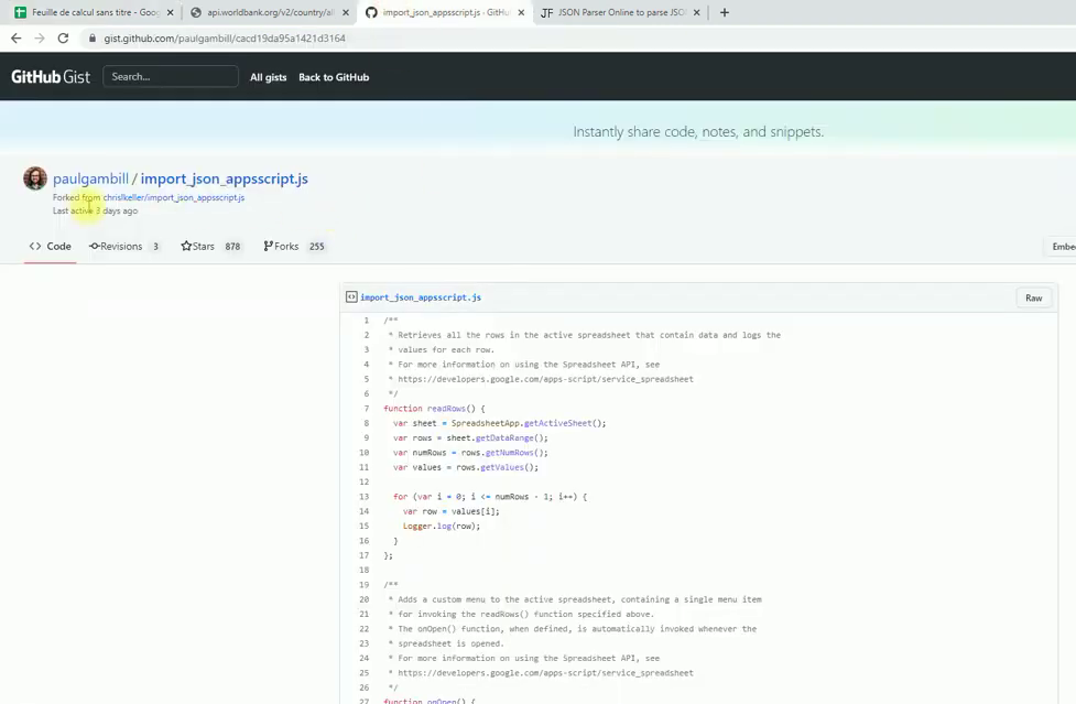 Script Google Sheets pour JSON