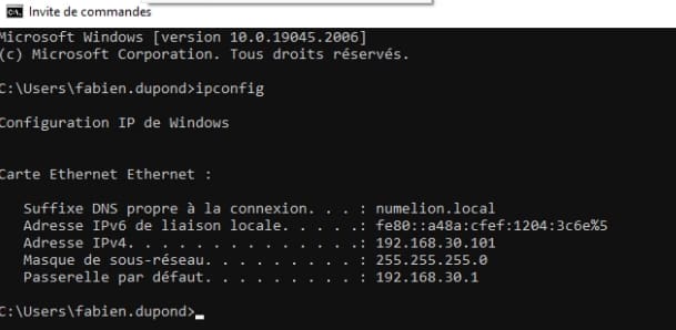 Vérifier l'IP du PC2