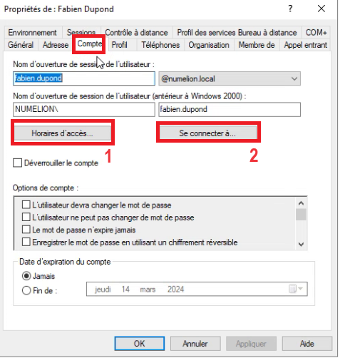 Connexion configuration de l'utilisateur