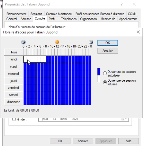 Modifier les horaires de connexion d'un utilisateur Active Directory