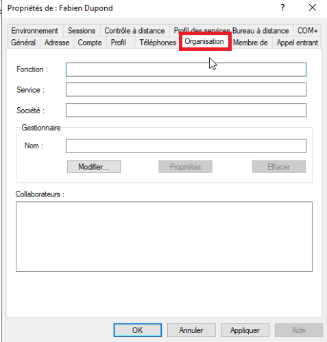 Onglet organisation dans Active Directory