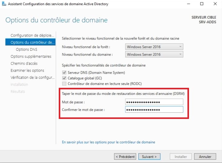 Options du contrôleur de domaine pour le mot de passe DSRM
