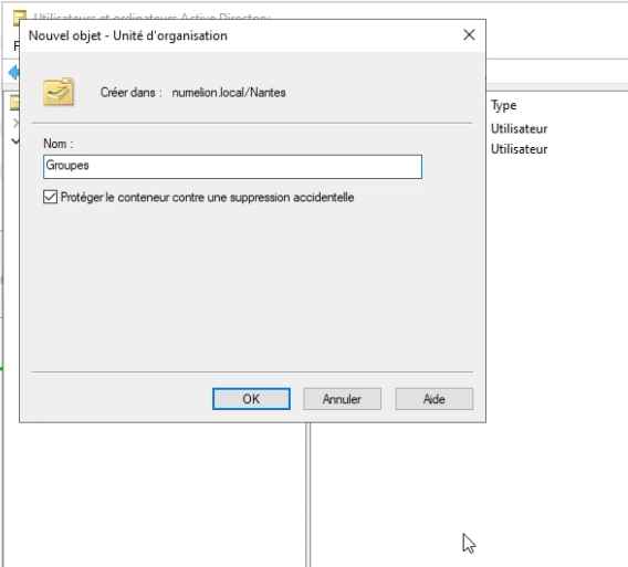 Créer une unité d'organisation pour nos groupes Actives Directory