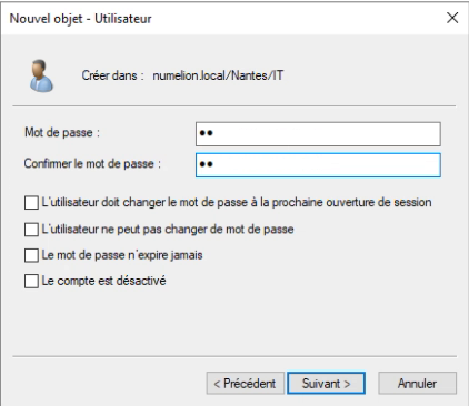 Créer un mot de passe pour l'utilisateur Active Directory