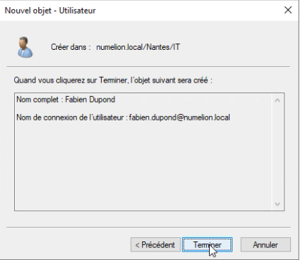 Confirmer la création d'un utilisateur Active Directory