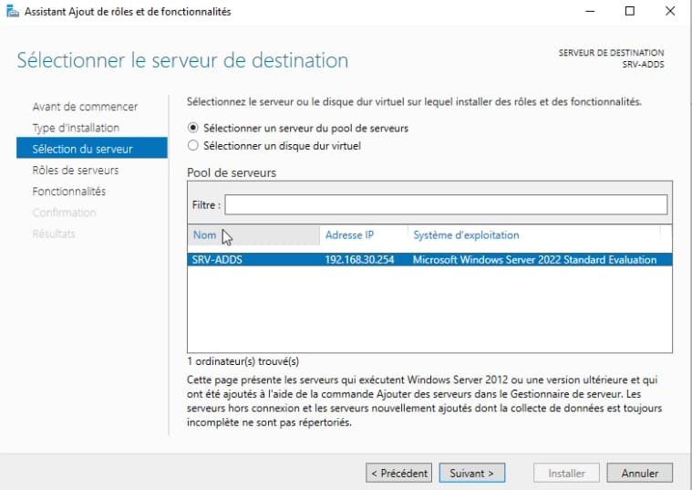 Sélectionner le serveur Active Directory