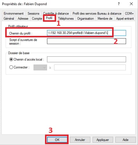 Créer un chemin de profils itinérant dans Active Directory pour un utilisateur