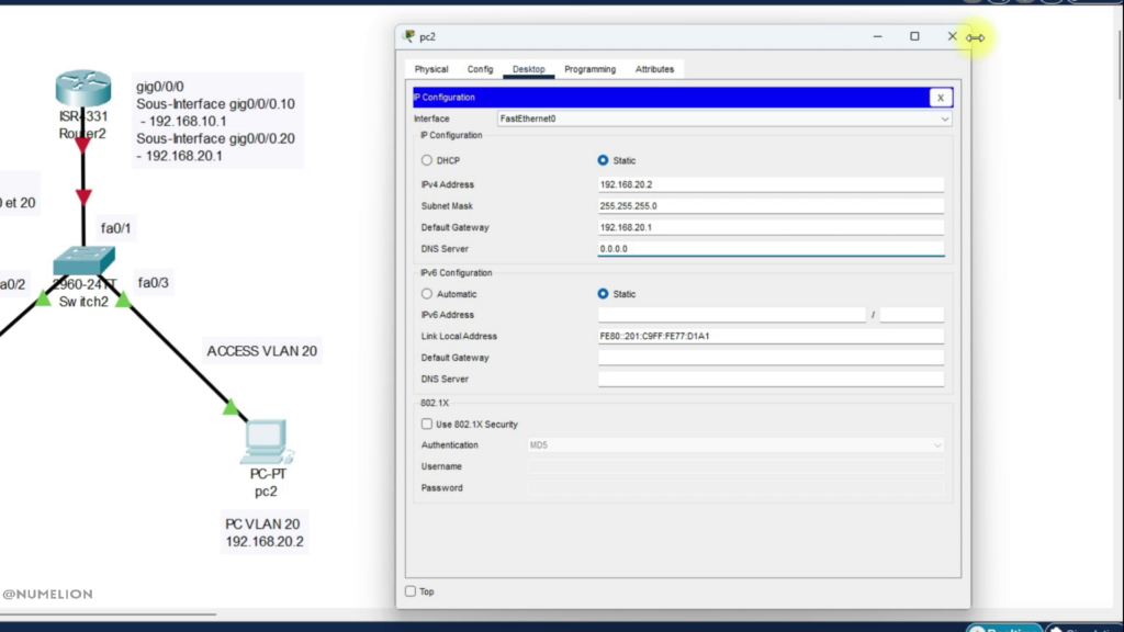 Configurer le PC2 pour le VLAN20