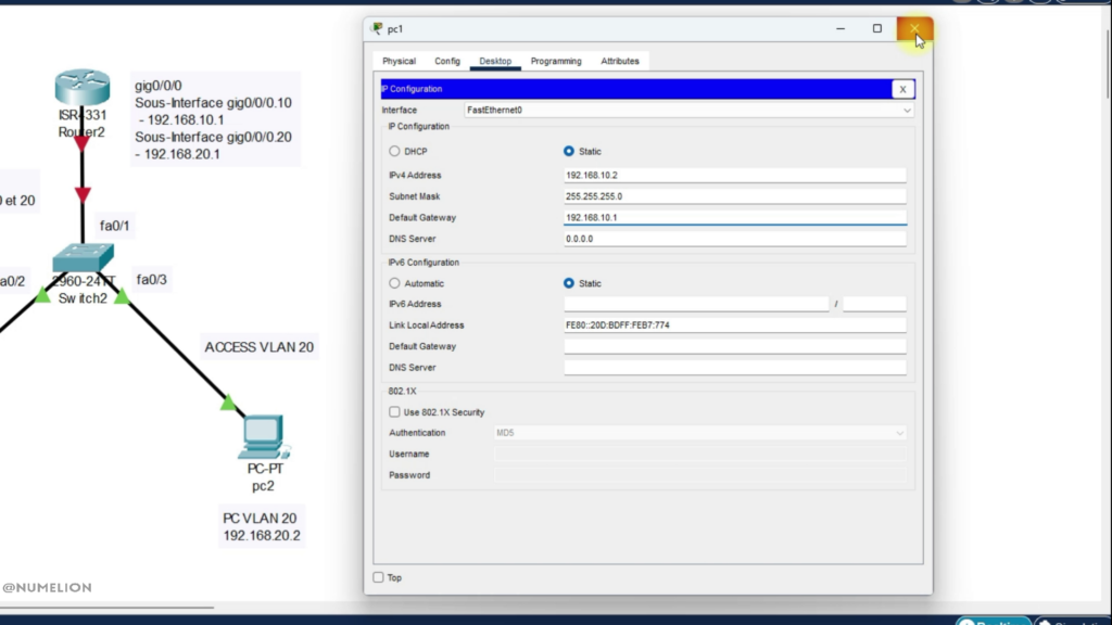 Paramétrer le PC1 pour le VLAN 10