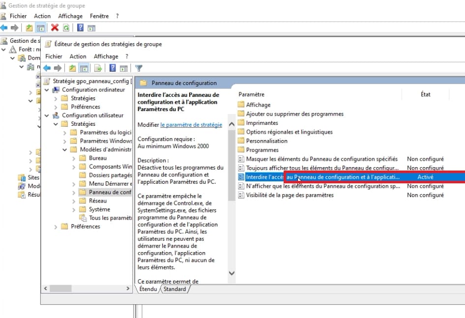 Activer la stratégie de groupe du panneau configuration