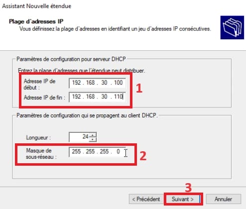 Plage d'adresses IP pour le serveur DHCP Windows Server