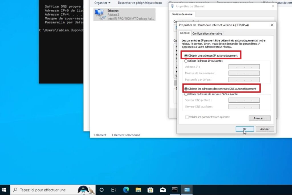 Paramétrer les IP dynamiques du poste Windows